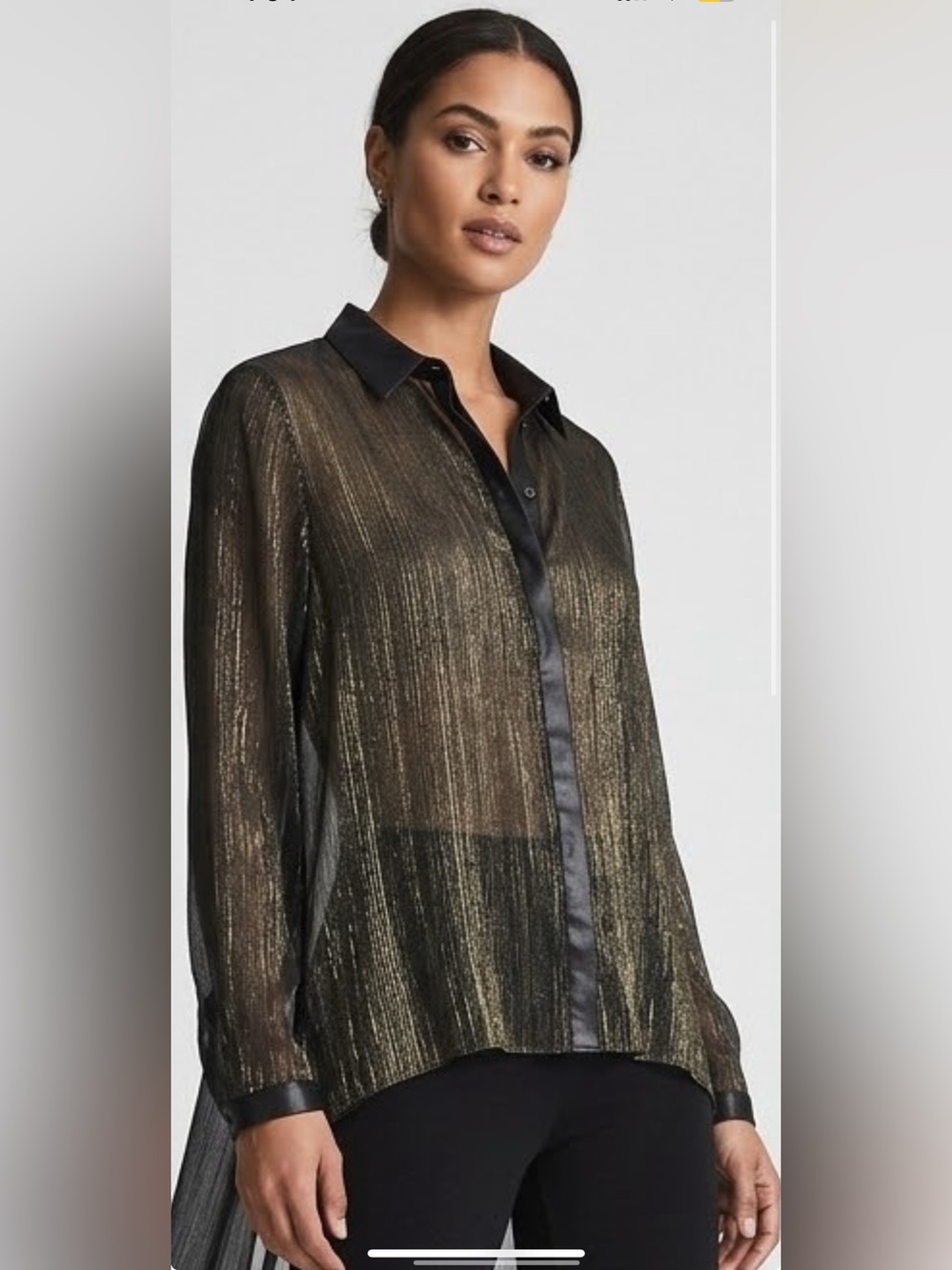 Tahari Sheer Metallic Long-Sleeve Blouse Black Gold